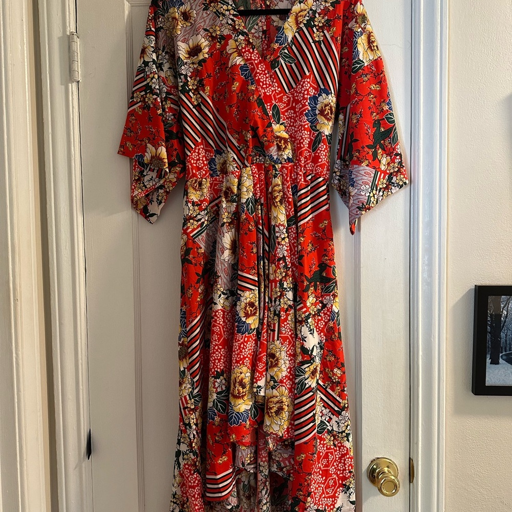 Vibrant Red Floral High Low Dress